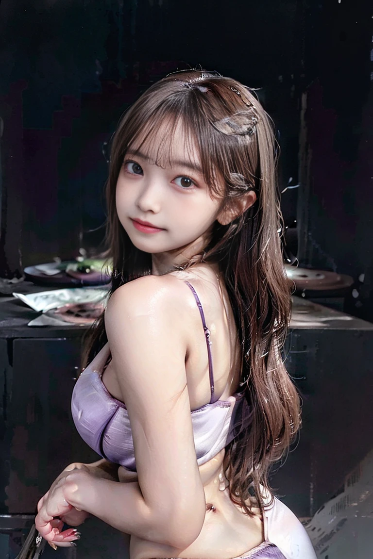(Masterpiece: 1.3)、High resolution、Super detailed、Highly detailed CG Unity 8k wallpaper、Real、Photorealistic、RAW Photos、Beautiful detailed face、White skin、Realな輝く肌、Detailed Fabric Texture、Detailed Hair Texture、Perfect body、Beautiful Face、correct、解剖学的にcorrect、Highly detailed face and skin texture、Natural neck length、(Beautiful Hands)、(Fair skin:1.2)、Thin legs、Thin legs、BREAK、Detailed and beautiful eyes、Symmetric目、Light brown eyes、double eyelid、Thin eyebrows、(Glossy lips: 1.4)、((A kind smile: 1.2))、(blush: 1.1 ) ((Purple T-back)),((Purple bra)),((Show me your)), ((Stick your butt out)),(Squat with legs apart), Fine and beautiful eyes,Perfect Proportions,(Overflowing big),(A full-body shot from behind), Very beautiful and cute girl,22 years old,(anime),Kamimei, Pitch black background,(Solid black background),alone,Brown Hair,Symmetric