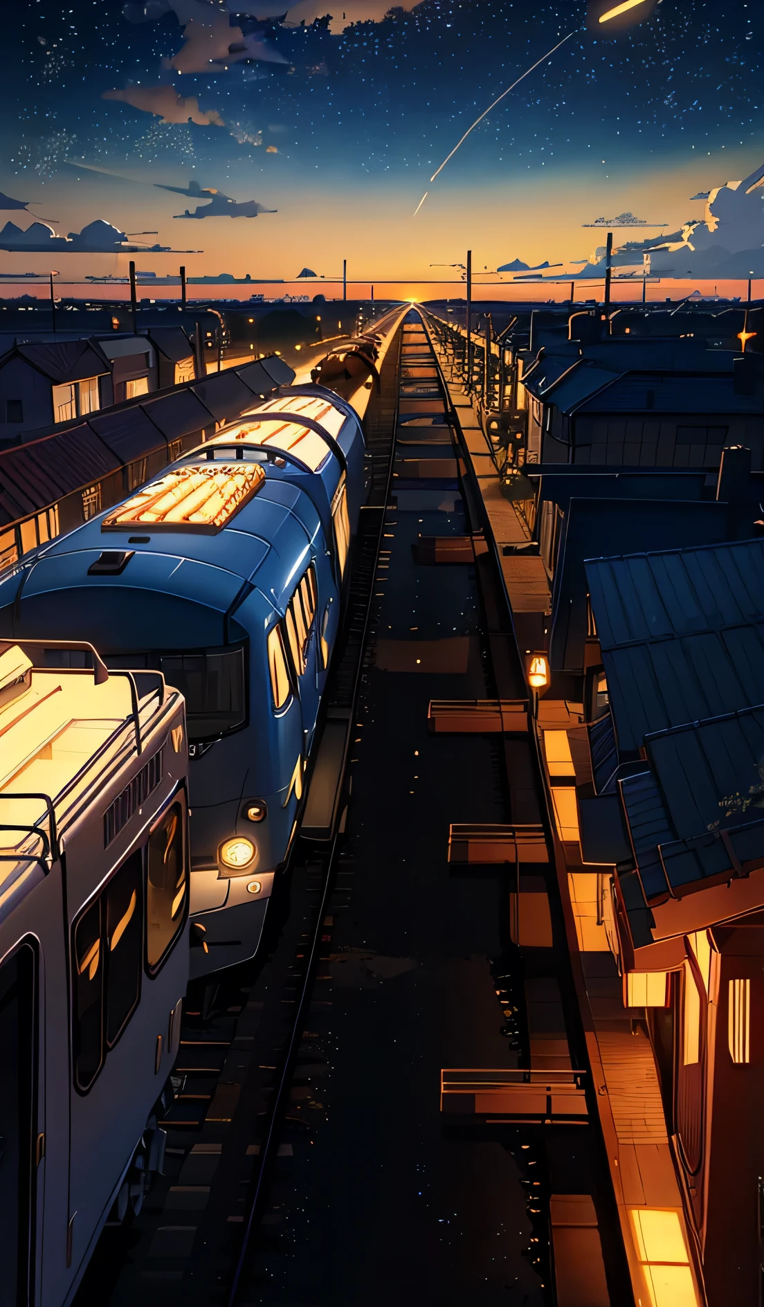 Anime scene with train passing under yellow and golden sky, anime drawing by Makoto Shinkai, trending on pixiv, magic realism, beautiful anime scene, cosmic sky. by makoto shinkai, ( ( makoto shinkai ) ), by makoto shinkai, anime background art, makoto shinkai style. Detail enhancement, perfect detail processing.