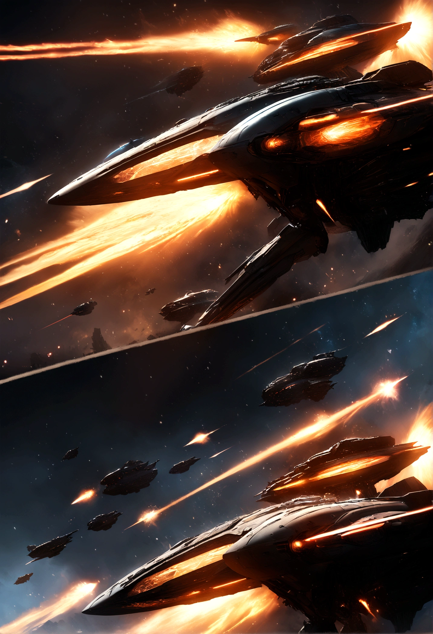a highly detailed digital painting of a deep space battle, large futuristic spacecraft, advanced alien technology, war between multiple civilizations, super soldiers, epic space opera scene, dramatic lighting, cinematic composition, intricate mechanical details, dynamic energy effects, photorealistic, 8k, hyper detailed, concept art style