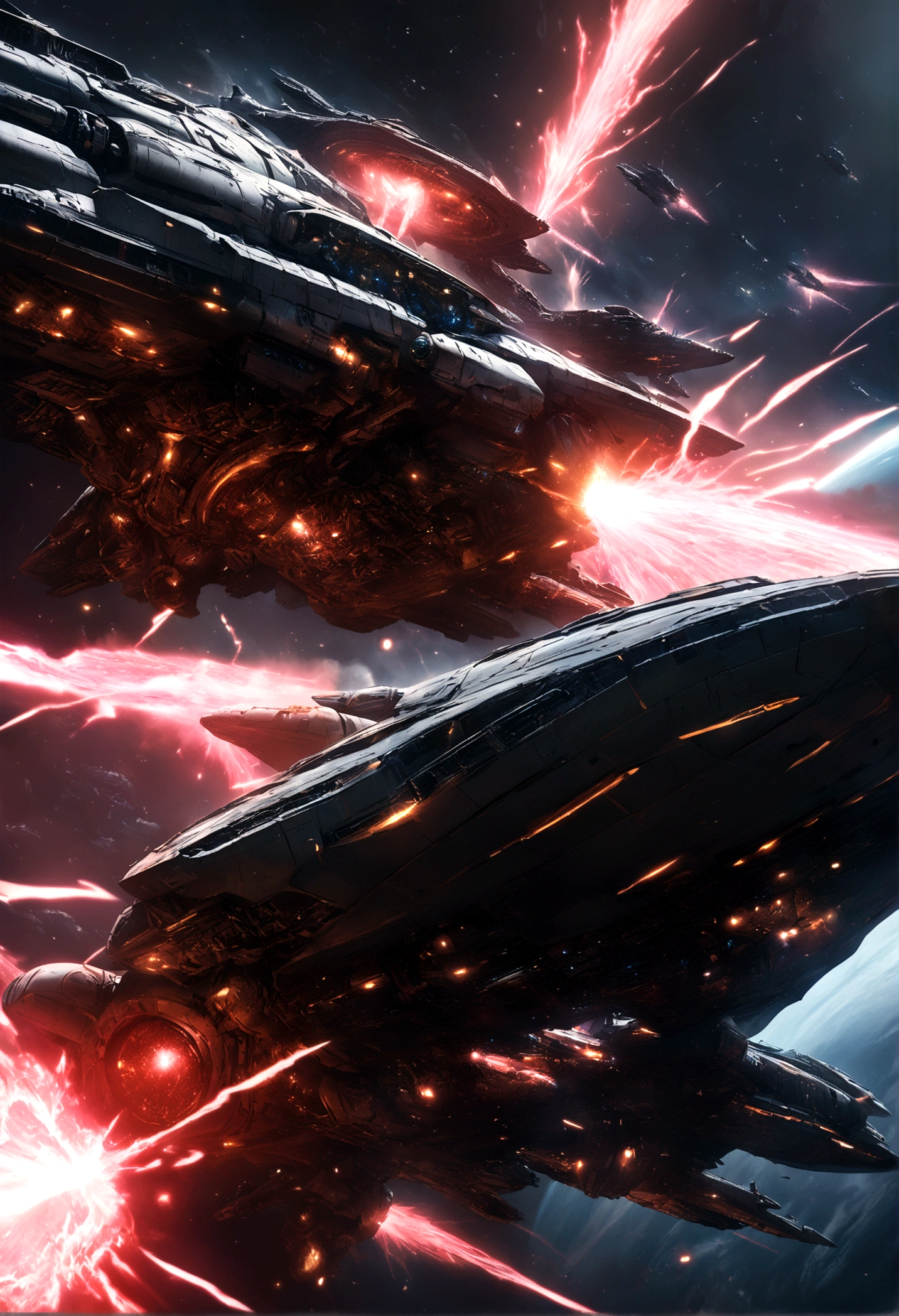 a highly detailed digital painting of a deep space battle, large futuristic spacecraft, advanced alien technology, war between multiple civilizations, super soldiers, epic space opera scene, dramatic lighting, cinematic composition, intricate mechanical details, dynamic energy effects, photorealistic, 8k, hyper detailed, concept art style
