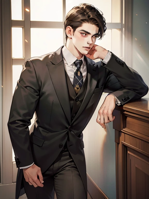 masterpiece, best quality, realistic, 1man, mature male, quiet and charming young man, 25 year old, serious look, closed mouth, portrait, extremely detailed face, cold smile, ((dark grey eyes)), ((short-right-swept dark brown hair)), [thick eyebrows], ((suit)), handsome, full body, western, Jewish, light brown skin,