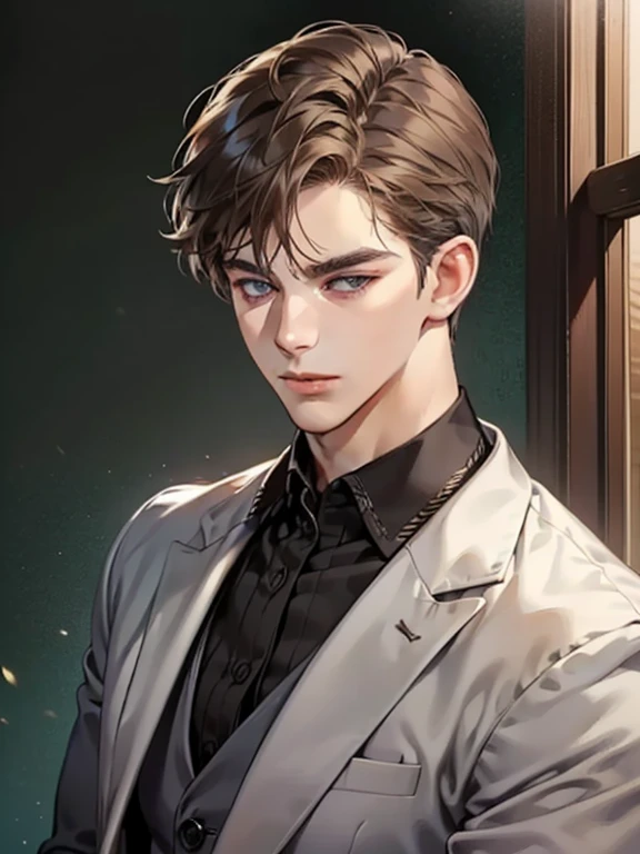 masterpiece, best quality, realistic, 1man, mature male, quiet and charming young man, 25 year old, serious look, closed mouth, portrait, extremely detailed face, cold smile, ((dark grey eyes)), ((short-right-swept dark brown hair)), [thick eyebrows], ((suit)), handsome, full body, western, Jewish, light brown skin,