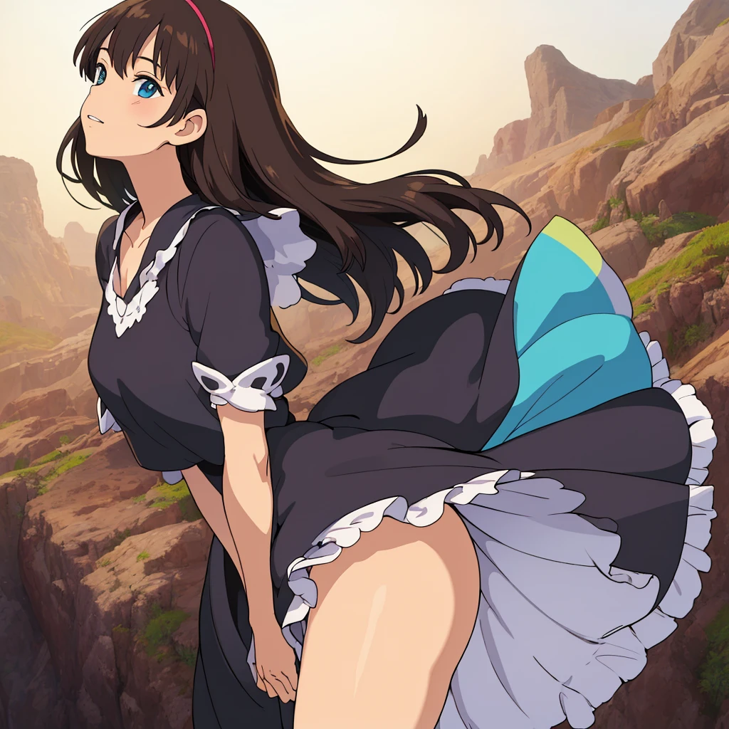 nsfw, A young beautiful witch, smiling, back, ass, tight, (full body, detailed face), detailed cleavage, outdoor, stockings, blue sky, natural lighting, anime style, (8K, UHD, hires, high resolution, best quality), 1girl, masterpiece, hyperdetailed, realistic lighting, realistic, low angle camera, (high quality anime, by Makoto Shinkai), lisa \(genshin impact\)