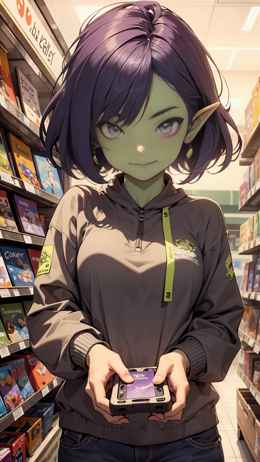 ((best quality)), ((masterpiece)), (detailed), goblin girl, green skin, retail employee at game store, chipper and happy, purple hair