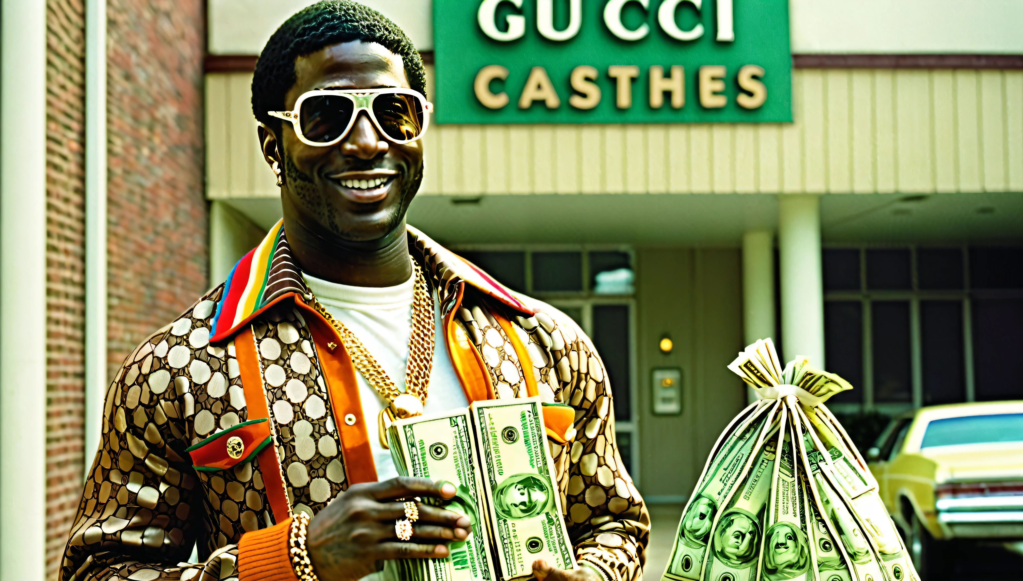 1970s photo of "Gucci Mane" wearing 70's attire holding a bag of cash, 1 man,