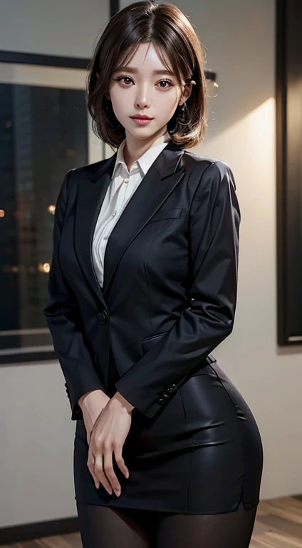 An elegant, upper-class, elite secretary in a business shirt, Working in the office、厳格なビジネスWearing a suitいる, Wear pantyhose、Wear high-end heels、 Girl in a shirt, Wearing a suit, Wearing a suit, Wearing a suit, merchant, Business Attire, 黒いWearing a suit, Wear a shirt and skirt, Woman in a suit, business suit, business attire, RAW Photos, (8k、Highest quality、masterpiece:1.2)、(Intricate details:1.4)、(Photorealistic:1.4)、Octane Rendering、Complex 3D rendering with ultra-detail, Studio Soft Light, Rim Light, Vivid details, Super Detail, Realistic skin texture, Detail Makeup, Beautiful details in the eyes, Highly detailed CG Unity 16k wallpaper, Makeup, (Detailed Background:1.2), Exposing thighs!!!,