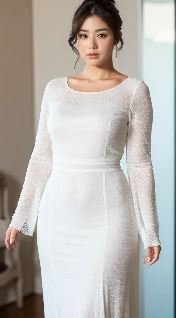 (Masterpiece,High Quality:1.3),(depth of field:1.3) ,((front body:1.35)),  Japanese ,woman,30 years old,chignon, dres white Tight round neck Long Sleeve Maxi Dress, huge breasts, voluptuous ,(looking at viewer:1.3), (full body shot:1.2),