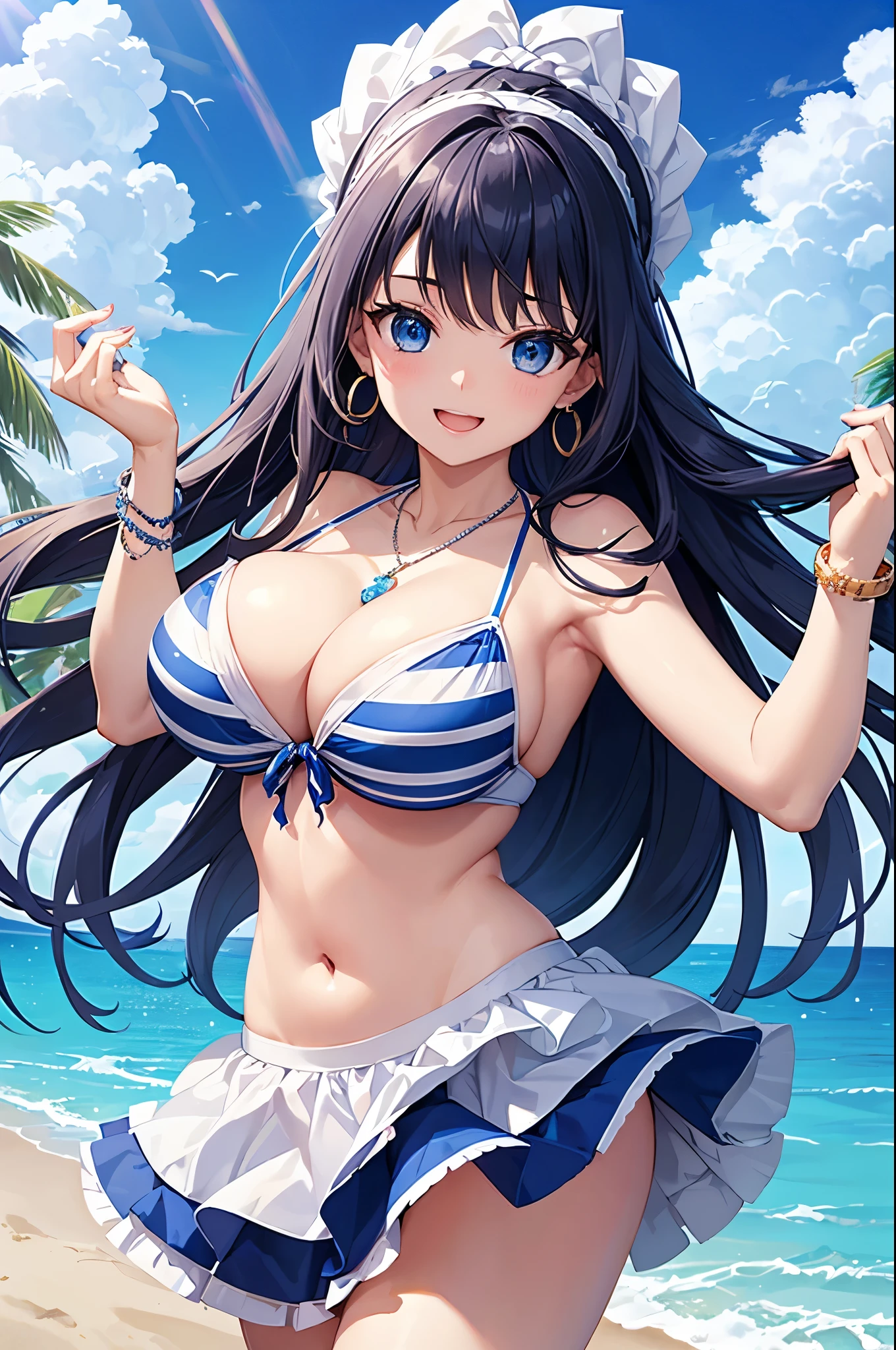 Highest quality、Highest quality、masterpiece、Beauty、Navy blue long hair、blue eyes、Sexy white bikini(Dark striped pattern)、Big cleavage、(Big Breasts),smile、blue necklace、Blue Earrings、background(Beach)、Please open your mouth wide、White headband、bracelet、A dynamic pose