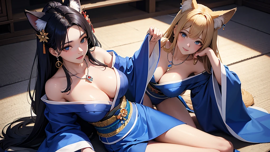 Camera angle looking down from above。Sit back in a reclining chair、A beautiful woman with big breasts and fox ears stretches her legs and relaxes, gazing into the distance。Blue kimono with off-the-shoulder sleeves and a skirt。hair ornaments、Earrings、necklace。