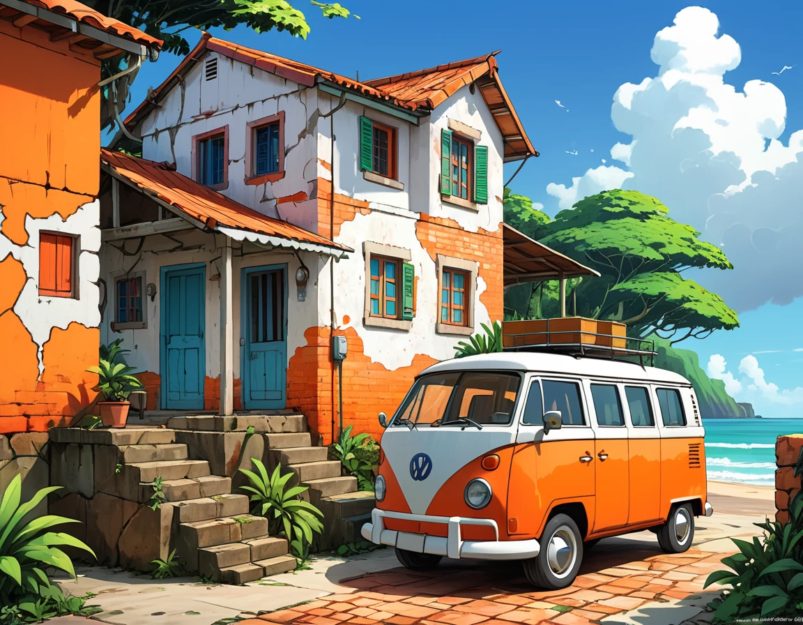 hyperrealistic 3D cartoon style beautiful one-story brazilian brick cabin painted in white, peeling wall paint, cracks and apparent infiltrations, at a coastal town of bahia with an orange vw van parked in front, in studio ghibli art style , niji anime-manga art, vibrant colors, high contrast, high saturation, high resolution artwork, sharp focus, HDR. 32k, --stylize 1000, masterpiece, best quality