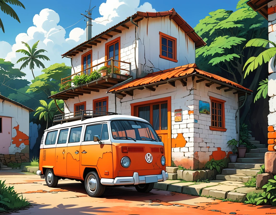 hyperrealistic 3D cartoon style beautiful one-story brazilian brick cabin painted in white, peeling wall paint, cracks and apparent infiltrations, at a coastal town of bahia with an orange vw van parked in front, in studio ghibli art style , niji anime-manga art, vibrant colors, high contrast, high saturation, high resolution artwork, sharp focus, HDR. 32k, --stylize 1000, masterpiece, best quality