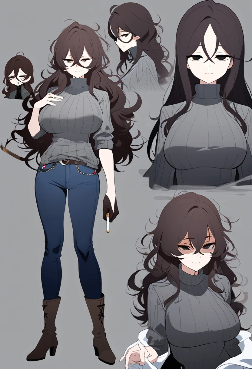 One Woman,Downer,older sister,Concept Art,Dark brown hair,Straight hair with slight inward curls,Staring eyes,Eye Ridge,black eye,Crossed bangs,whole body,smile,Larger breasts,Gray background,Bangs that reach down to the eyes,Messy hair,Tight dark jeans,Gray turtleneck sweater,Multiple views of the same character,Character Design,Dark circles under the eyes,Bad look,Listless,Sloppy,Silver Jewelry,Cafe staff,Holding a cigarette,whole bodyCharacter Design,Detailed hands,Height: 170cm,boots,Fleshy body,