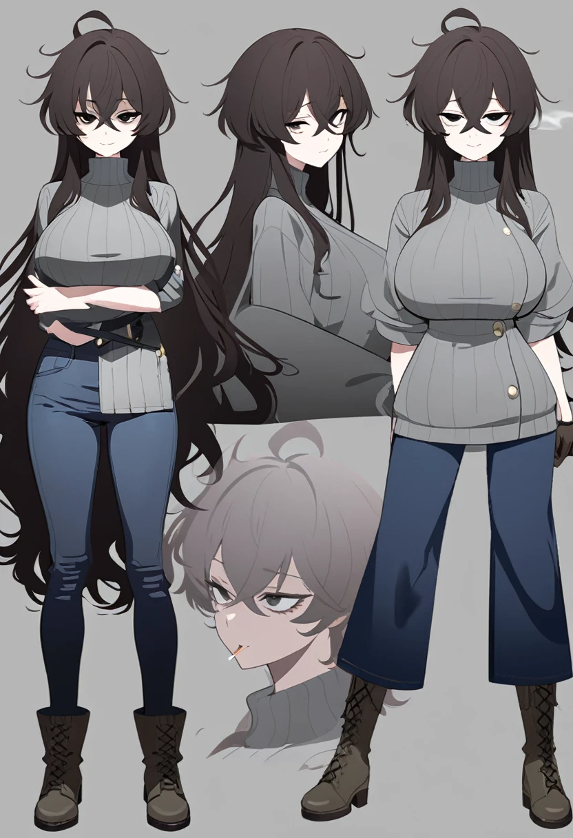 One Woman,Downer,older sister,Concept Art,Dark brown hair,Straight hair with slight inward curls,Staring eyes,Eye Ridge,black eye,Crossed bangs,whole body,smile,Larger breasts,Gray background,Bangs that reach down to the eyes,Messy hair,Tight dark jeans,Gray turtleneck sweater,Multiple views of the same character,Character Design,Dark circles under the eyes,Bad look,Listless,Sloppy,Silver Jewelry,Cafe staff,Holding a cigarette,whole bodyCharacter Design,Detailed hands,Height: 170cm,boots,Fleshy body,