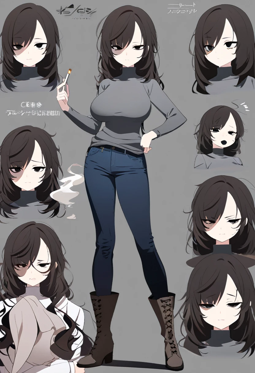 One Woman,Downer,older sister,Concept Art,Dark brown hair,Straight hair with slight inward curls,Staring eyes,Eye Ridge,black eye,Crossed bangs,whole body,smile,Larger breasts,Gray background,Bangs that reach down to the eyes,Messy hair,Tight dark jeans,Gray turtleneck sweater,Multiple views of the same character,Character Design,Dark circles under the eyes,Bad look,Listless,Sloppy,Silver Jewelry,Cafe staff,Holding a cigarette,whole bodyCharacter Design,Detailed hands,Height: 170cm,boots,Fleshy body,