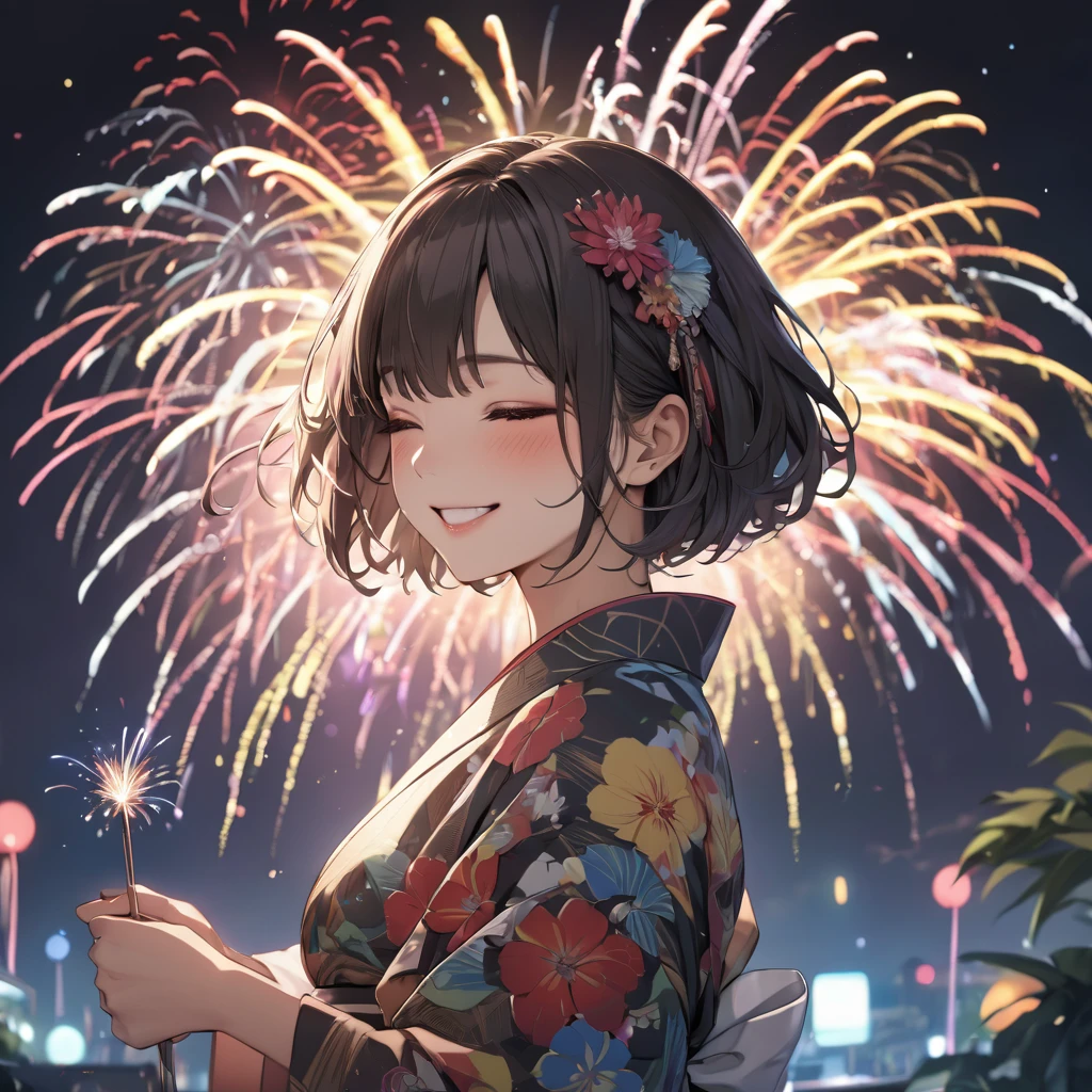 (Absurd resolution:1.8)、(High resolution:1.4)、(masterpiece:1.4)、(Super detailed:1.3)、(1 female:1.3)、(solo:1.4)、firework、Short Bob、Black Short Bob、kimono、Look forward、close your eyes、smile、Shinkai Makoto's Wind of Light、Close-up of face、Ultra-fine illustration、Vibrant colors、Cinematic Light、Exciting light production、Intricate details、Big armpit chest、Hairpin、kimono、happiness、smile、View from below、Japanese sparklers。