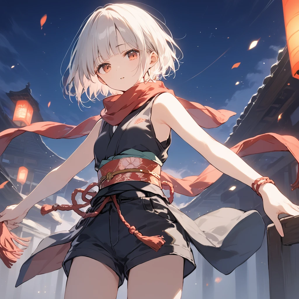 score_9, score_8_up, score_7_up, source_anime, best quality, masterpiece,ultra-detailed,official art, absurdres, highres, waifu2x, break,1girl, ninja, short hair, blunt bangs, small breasts,beautiful detailed eyes, expressionless, parted lips, sleeveless,obi, shorts, scarf,  night, outdoors, break,(clear line illustration:1.2),very high resolution, very aesthetic, super detailed skin, Best cinematic lighting powered by famous artist, 8k,cute picture,beauty illustration,photoshop_(medium),,(Detailed Lighting),best anime 8k konachan wallpaper, pixiv contest winner, 

