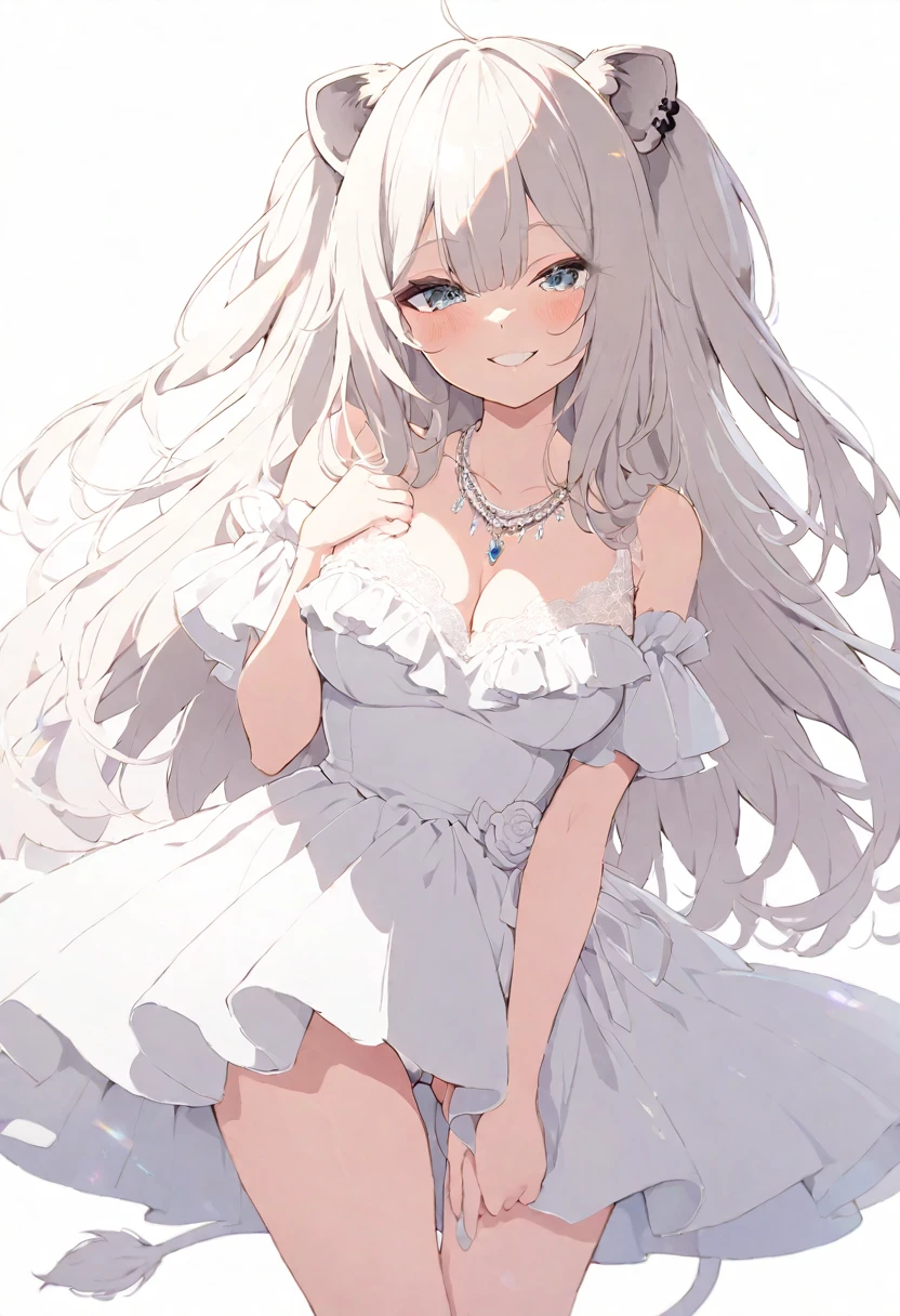 (masterpiece), (best quality), perfect face, beautiful girl, white background background, delicate and beautiful face and eyes, dark intense shadow, 
1 girl, vtuber style, cool girl, hololive, ShishiroBotan, long hair, two side up, ear piercing, lion tail, Gorgeous evening dress Ruffles dress, lace, necklace, big chest, cropped shoulders, clavicle, winking, smile, bare feet, chest visible through clothes, ass visible through thighs, (full body), looking at viewer, standing, 