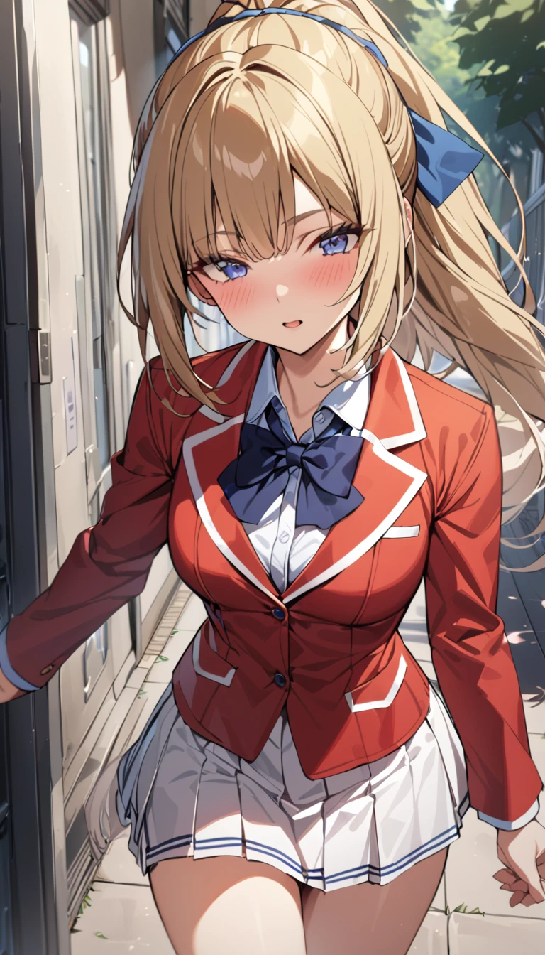 masterpiece, best quality, highres, ponytail hair, (single braid:1.2), hair ribbon, red blazer,buttoned blazer, blue bowtie, long sleeves, white skirt, walking in school outdoor,form above