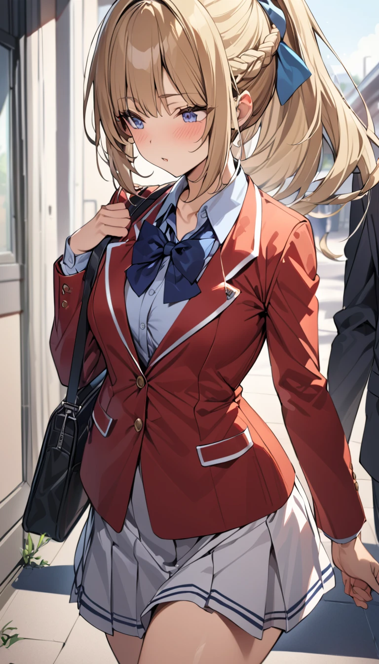 masterpiece, best quality, highres, ponytail hair, (single braid:1.2), hair ribbon, red blazer,buttoned blazer, blue bowtie, long sleeves, white skirt, walking in school outdoor,form above