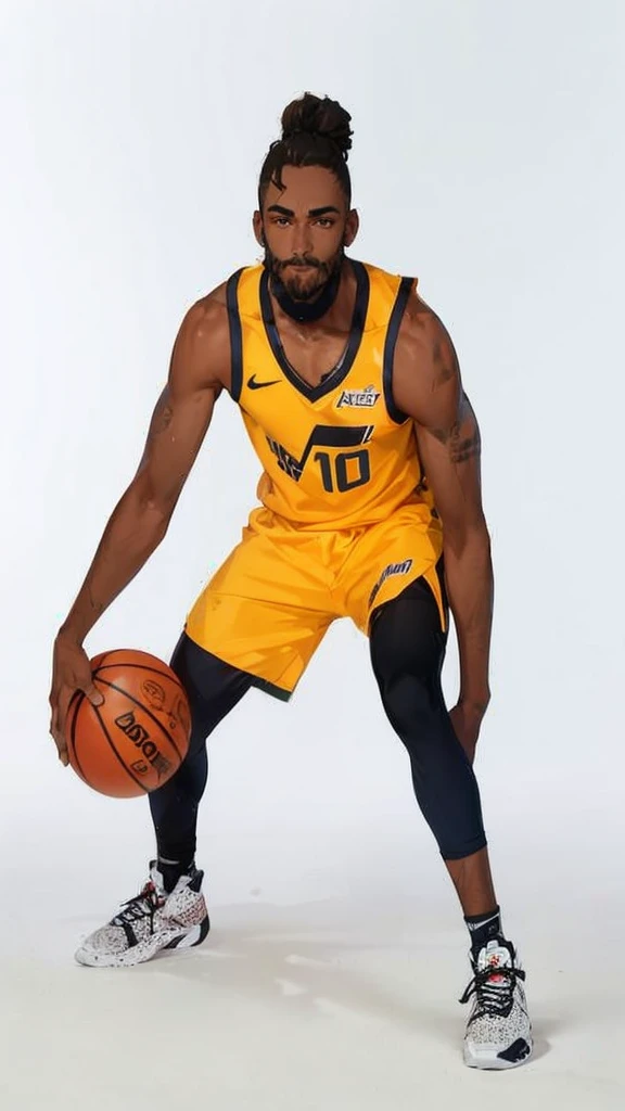male 1, brown skin, skin details, manbun hair style, hair details, wearing jersey, clothes detail, michanical arms, arm details, shoes details,