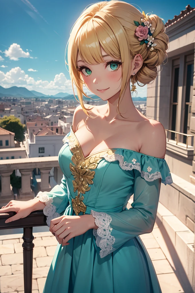 1girl, elaborate blonde updo hairstyle with bangs, almond shaped green eyes, wearing an off shoulder teal regency inspired dress with simple gold and flowers and off white lacing, flower accessories, slight makeup, rose lipgloss, smiling softly, absurdres, high res, ultrasharp, 8k, masterpiece, standing on a terrace, infront of a beautiful landscape, vibrant sky in the background, correct railing