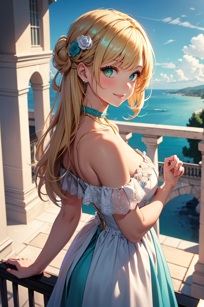 1girl, elaborate blonde updo hairstyle with bangs, almond shaped green eyes, wearing an off shoulder teal regency inspired dress with simple gold and flowers and off white lacing, flower accessories, slight makeup, rose lipgloss, smiling softly, absurdres, high res, ultrasharp, 8k, masterpiece, standing on a terrace, infront of a beautiful landscape, vibrant sky in the background, correct railing