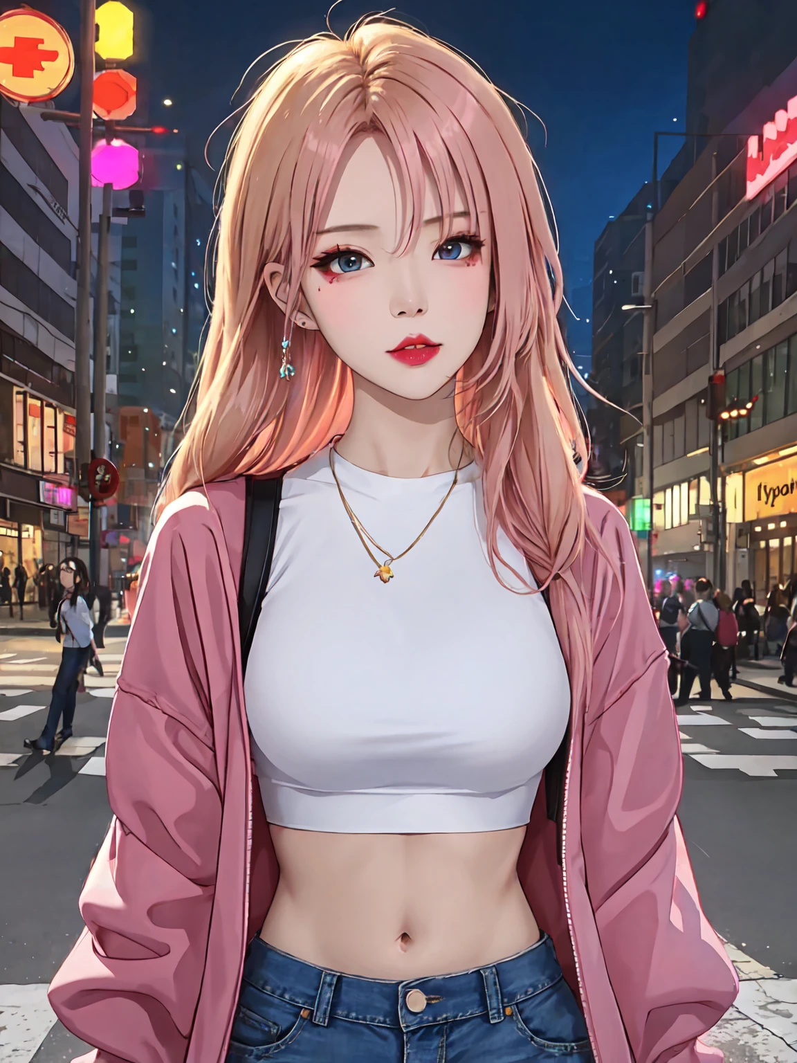 Photorealistic 8k portrait, Hypernetwork Monster, SAR:0.8, LIXYArt:0.5, Asian_LatentDreamVision:1.0,
A trendy and fashionable Japanese gyaru, heavy makeup with dramatic winged eyeliner, pouty lips with pink lipgloss, tanned skin, dyed blonde hair in a stylish updo hairstyle, wearing a revealing crop top and tight jean shorts showing midriff, in a city street setting with neon lights in the background, masterful anatomy, perfect face and body symmetry, cinematic lighting