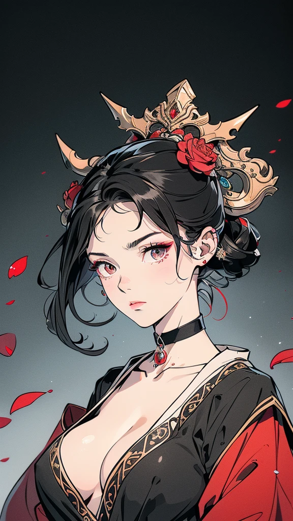 Seven Rhaeyar (Deylta), Ancient Star goddess, Perfect female anatomy (Royalty, Adult Female, 166cm in height, Cool pale skin, slim, slender, 34D breast size, Long Jet Black Hair, Gray Colored Iris , a set of Jet black colored horns on her head), Neutral facial expression, Elegant black uniform dress, female choker accessory with silver complimentary jewelry, dragon motifs, Black rope accessories, Simple Black Background, receiving light from the front, Slightly focusing on her face up close, Ethereal glow, Red Rose petals falling, Japanese inspired