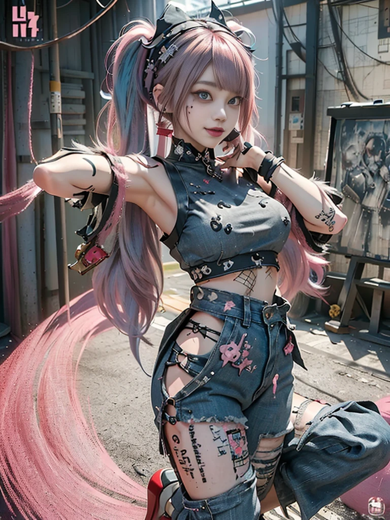 (Full Body View:1.1)、(Side view:1.0)、(Beautiful face:1.3)、(Smiling with teeth showing:1.3),(Shibuya Gal:1.5)、(Beverly Hills Whore:1.4)、(Neo-goth fashion:1.5)、(Punk RockVisual Kei:1.4)、(Modern magenta and red Barong:1.5)、(Tattered brown and charcoal denim bugle pants:1.5)、(Mustard Yellow Headband:1.3)、(Charcoal and khaki high heels:1.4)、collar、(We sell patterned underwear with logos.:1.4)、15 years old、NSFW,((Highest quality、In 8K、masterpiece:1.3))、Sharp focus:1.2、(Layered Cut、Huge boobs:1.1),Beautiful woman with perfect figure:1.4、(Open legs:1.3)、(Raise your arms:1.2)、(Open your crotch:1.3)、Slender Abs:1.2、Butt、Highly detailed face and skin texture、Detailed eyes、double eyelid,(Bob Hair:1.3)、(Pink Hair:1.3)、Dynamic Pose、Obscene pose、Humiliating pose、Gravure idol、(luxury fashion show stage:1.3)、(Make your legs thinner:1.4)、(Slim body:1.3)、(clavicle:1.1)