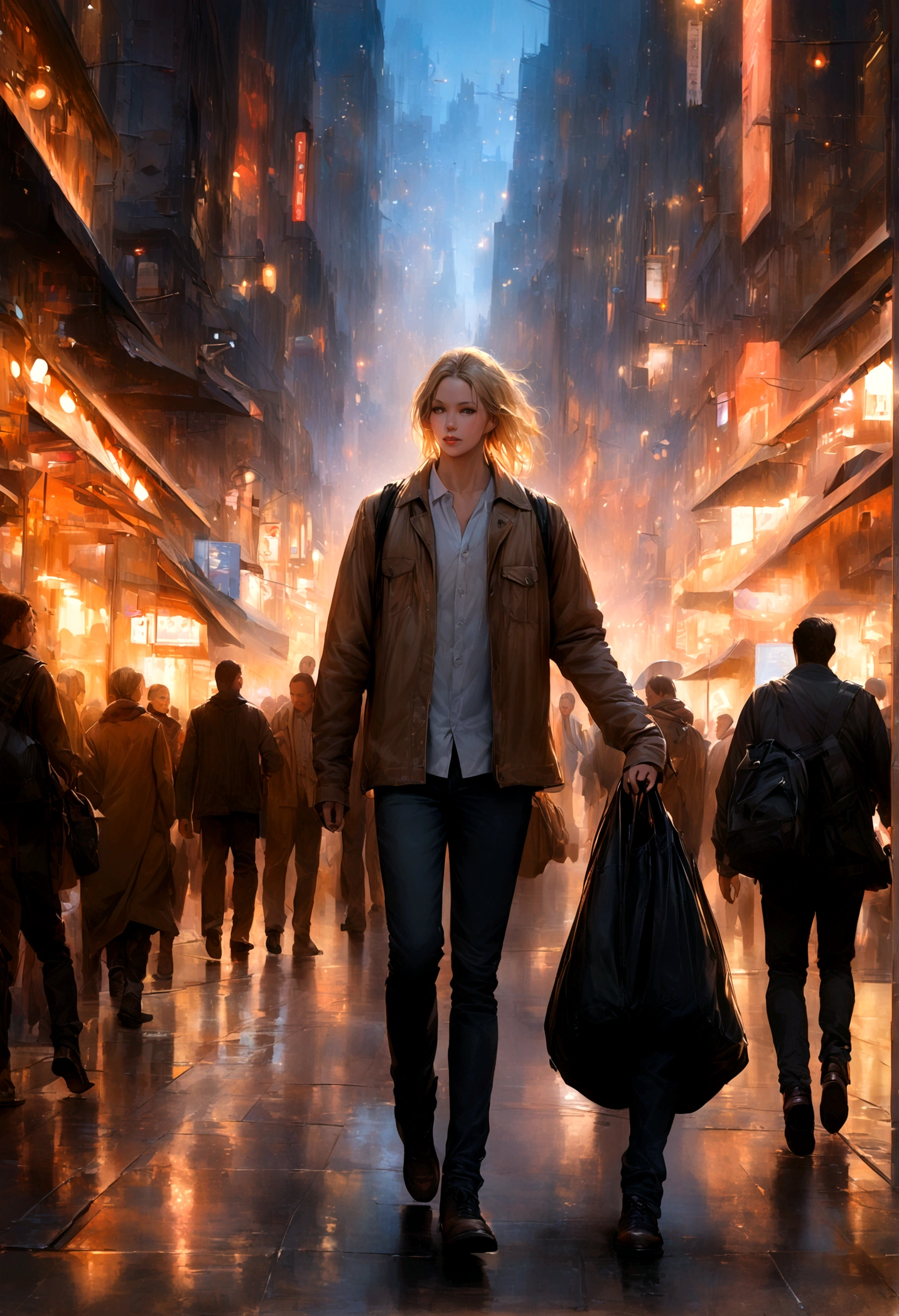 (ultra detailed, masterpiece, best quality), solo, blonde hair, boy, casual attire, confidently strolling, city square, surrounded by urban life, hyper-realistic, cinematic lighting, vibrant colors, photorealistic, ethereal, atmospheric in futuristic civilization