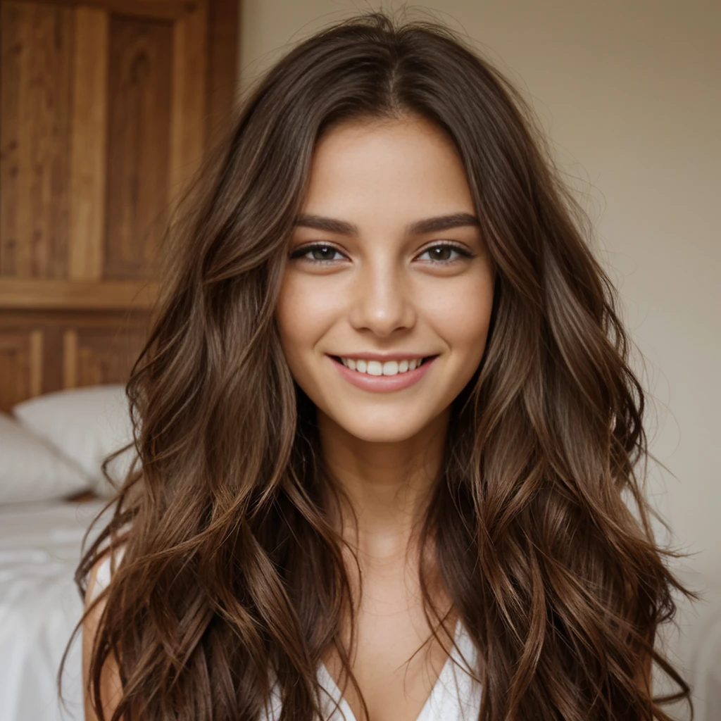 cheveux brun, cheveux long, wavy hair, yeux brun, sourire 