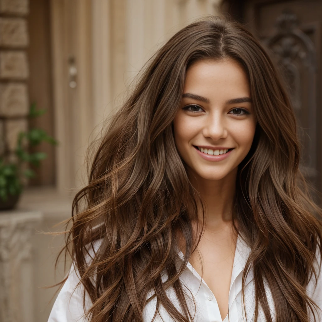 cheveux brun, cheveux long, wavy hair, yeux brun, sourire 