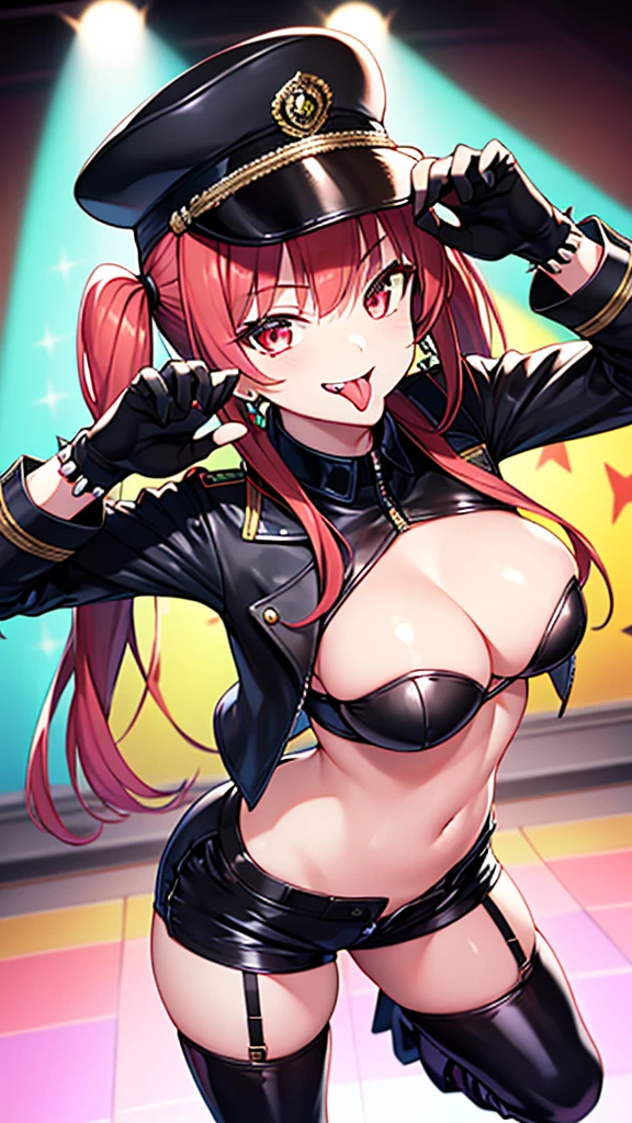 Extremely detailed and realistic CG, colorful, masterpiece, (Perfect Anatomy:1.3), Highest quality, One girl, alone, Imperial Redhead, Shiny Hair, Ridiculously long hair, Sideburns, Asymmetrical bangs, Red eyes, Shining Eyes, (Crazy Smile:1.2), (Wicked Smile:1.2), Sadistic smile, Grin, thin脚, Contrasting, Are standing, Tube top, Strapless, Shorts, Spiked Boots, Spiked Wristband, Idol Concert, on stage, Live Performance, Open your mouth, , abdomen, belly button, Black jacket, Black military cap, Sticking out tongue, (Long Tongue:1.4), put your hand on the hat, Claw Pose, Stylish pose, Spotlight, Thigh straps, Fancy earrings, (tooth:1.2), Black elbow gloves, Movie angle, View your viewers, From above, Open Stance, latex, tight, thin,flat chest,twintail,thighhigh boots,