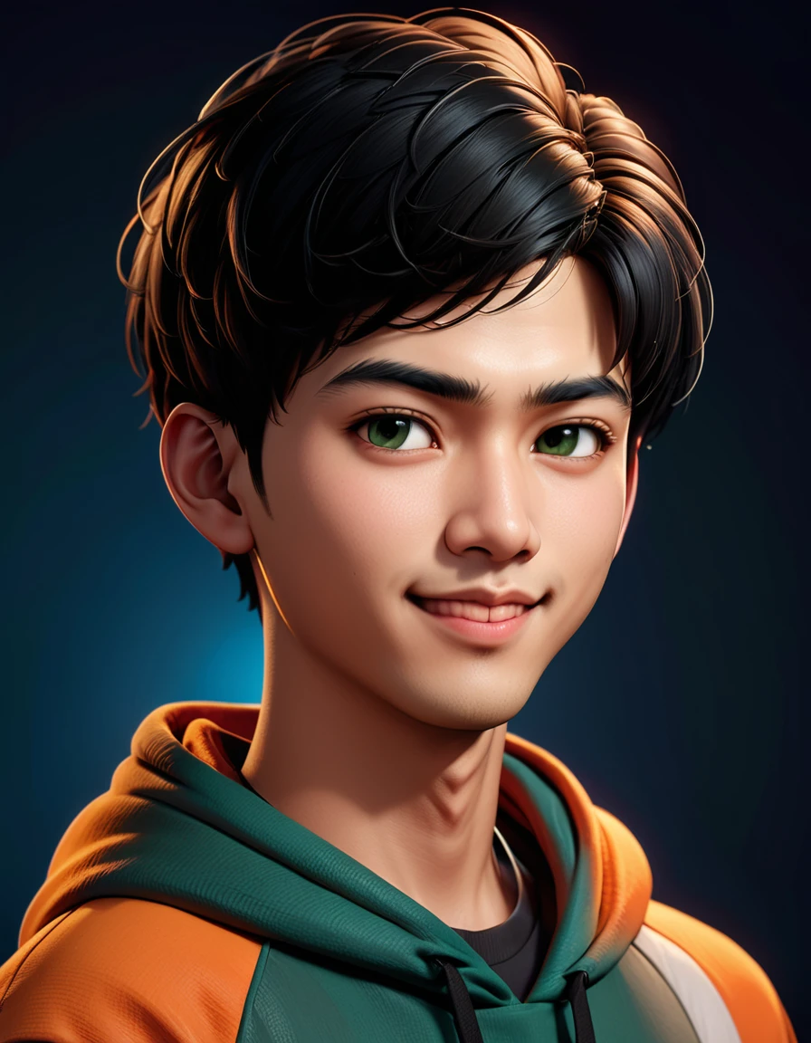 Create a cartoonish caricature 3D animation of a big-headed. a 19 year old Indonesian man. She has short black pixie cut hair. His face is oval with smooth lines, thick and neat black eyebrows, normal eyes, a small, sharp nose, and thin lips with a wide, friendly smile. He wore a dark green hoodie over an orange t-shirt. Gradient blue background with professional lighting. masterpiece, top quality, highly detailed skin and face, ultra-realistic, high definition, studio lighting, sharp focus, 2/3 body angle, Concept Art.