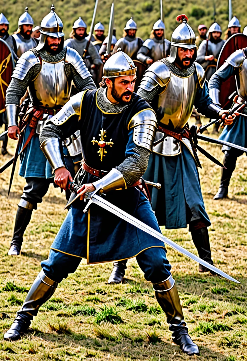 Man dressed in armor standing and another man lying on the ground