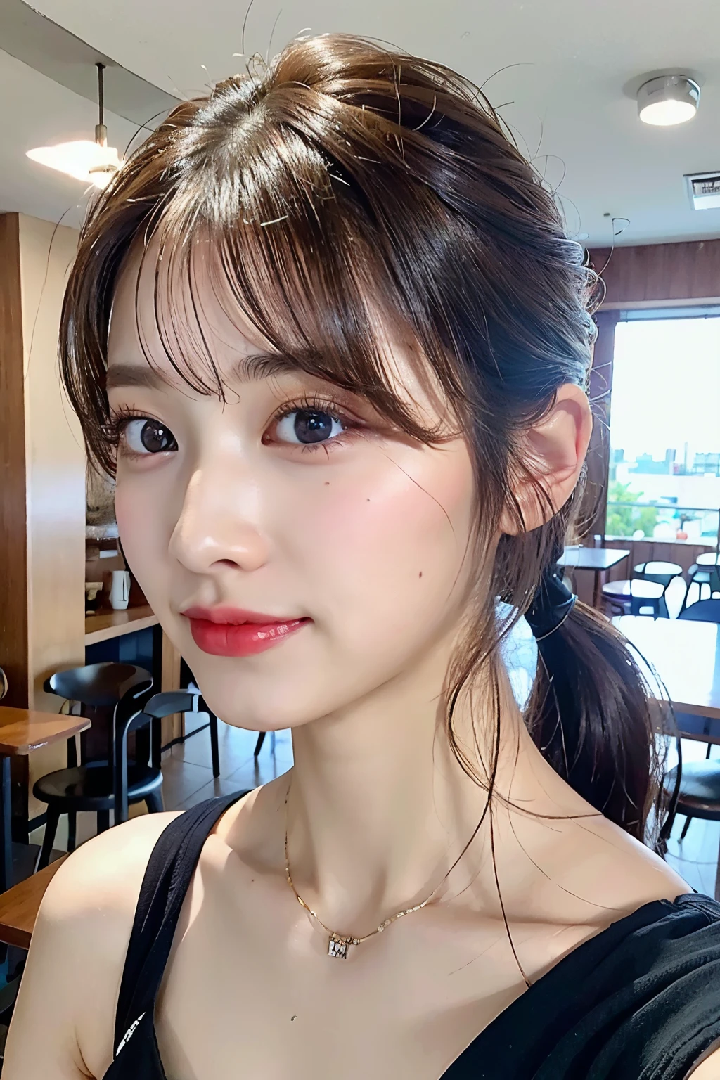 ((Highest quality、8k、masterpiece:1.3))、One Girl、Beautiful woman with slim abdominal muscles:1.3、(Random Hairstyles)、At the cafe、Ultra detailed face、Detailed eyes、double eyelid、huge 、Pause 、Work on a computer