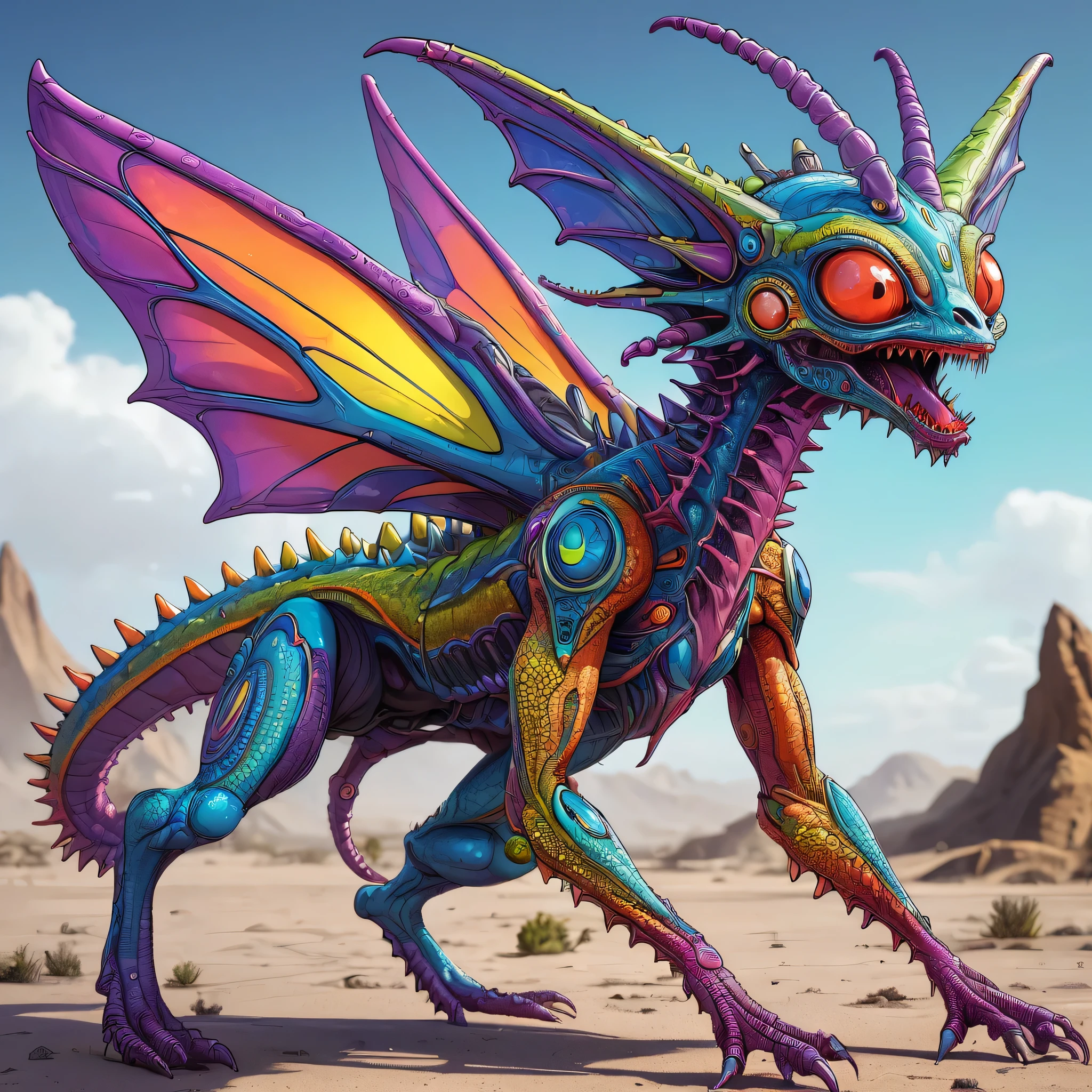 a small bizarre and strange looking brightly coloured alien. Showing the entire, highly detailed body from the side. The entire picture is full of details.  Strange alien landscapes in the background. Big detailed wings and sharp teeth and fangs. a sharp abdominal stinger. tentacles and antennas and multiple eyes. long spiky legs. Scaley segmented body.  Hypnotic and telepathic and psychedelic looking. 