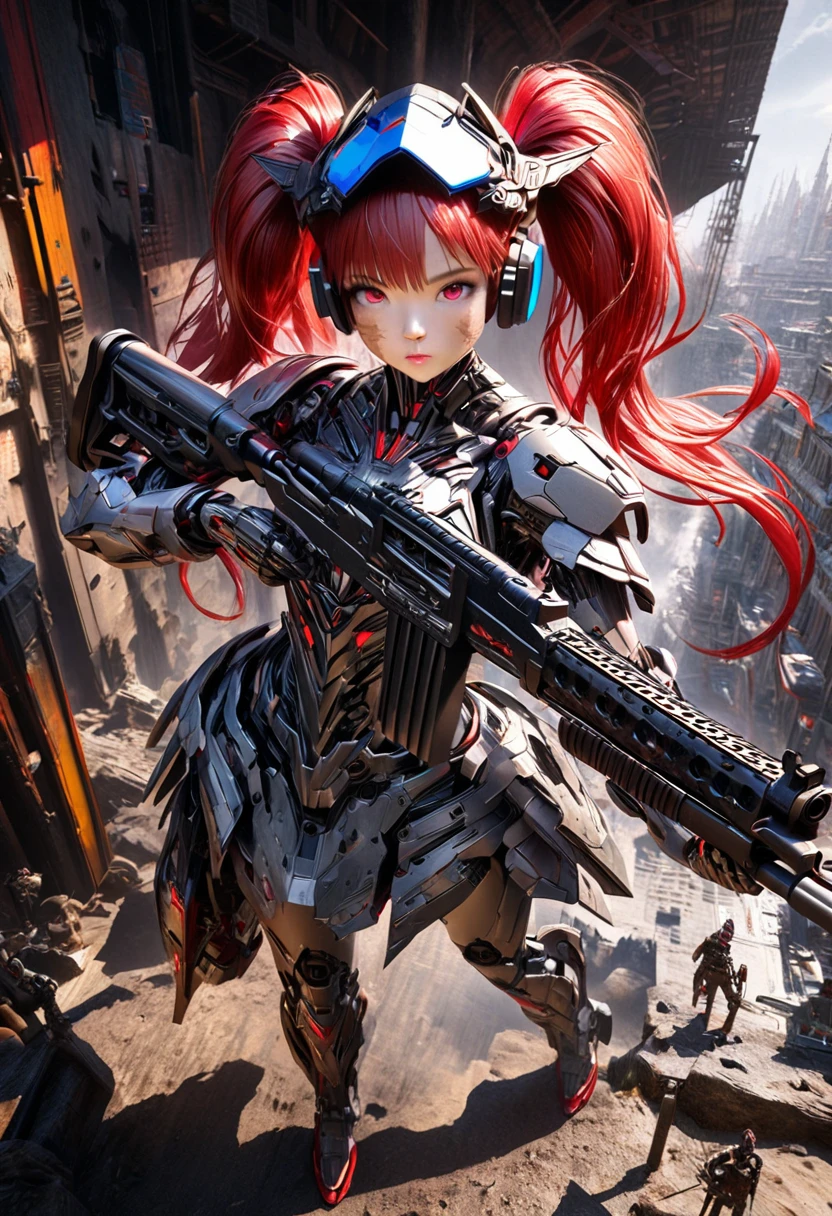 3D digital art from the fantasy world, 1girl, robot girl, red hair, twin tails, red eyes, white and gray camouflage clothing, she wearing flashy robot armor, (holding an urban camouflage long range rifle:1.5), a robot-like helmet on the head, blue scouter in one eye, the skin on half of the face has peeled off, the base of the cyborg is visible, face full of scars,(full body view),realistic and surreal depictions,High resolution, high precision images, 4k, 8k, best quality, hyper-detailed, intricate details, cinematic lighting, dramatic colors, concept art style