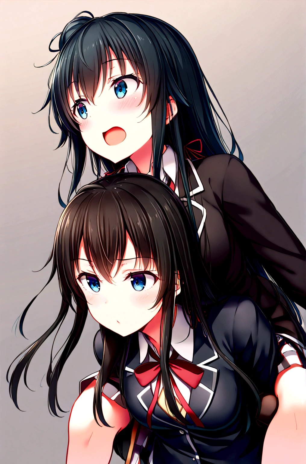 2 grils   Yuigahama Yui giving yukino yukinoshita piggyback ride, Yukinoshita Yukino in the bottom blue eyes black long hair piggyback ride, size difference, yukino Yukinoshita, 