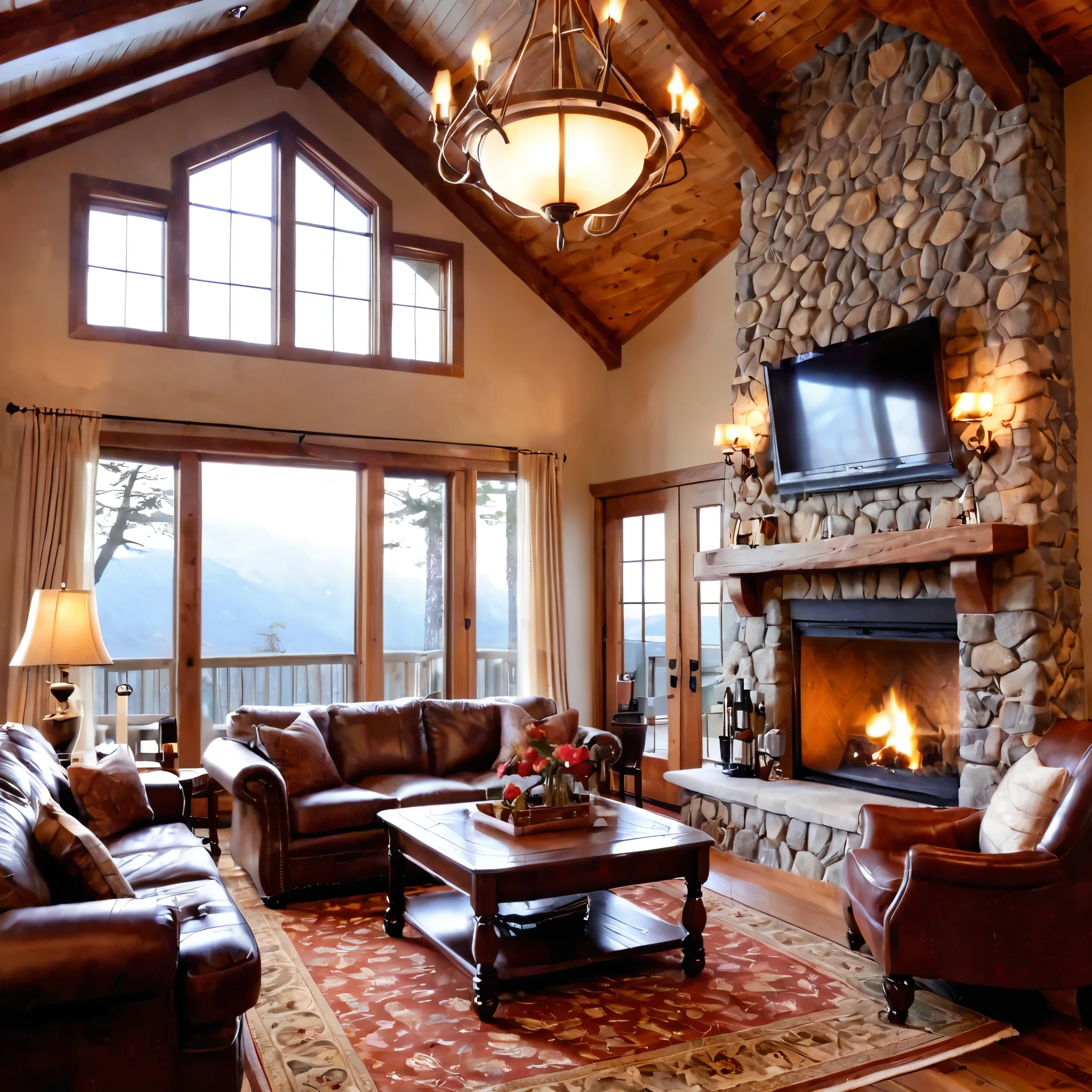 A cozy and rustic living room with a high, vaulted ceiling featuring exposed wooden beams. The room is illuminated by a large, intricate antler chandelier with warm, glowing lights. The walls are made of log cabin-style wooden planks, giving a warm, inviting atmosphere. A large stone fireplace is central on one wall, with a roaring fire inside. Above the fireplace hangs a flat-screen television. On either side of the fireplace are tall, dark wood-framed windows with curtains featuring a floral pattern. In front of the fireplace are two brown leather, tufted armchairs with a vintage feel, arranged on either side of a glass coffee table with a wooden frame. The table has a bottle of wine, wine glasses, and a floral centerpiece. A brown leather chesterfield sofa is positioned in the foreground. The floor is covered with a patterned area rug in shades of red, cream, and brown. The room is accessorized with standing lamps with warm, yellow light, and an elegant wooden side cabinet.