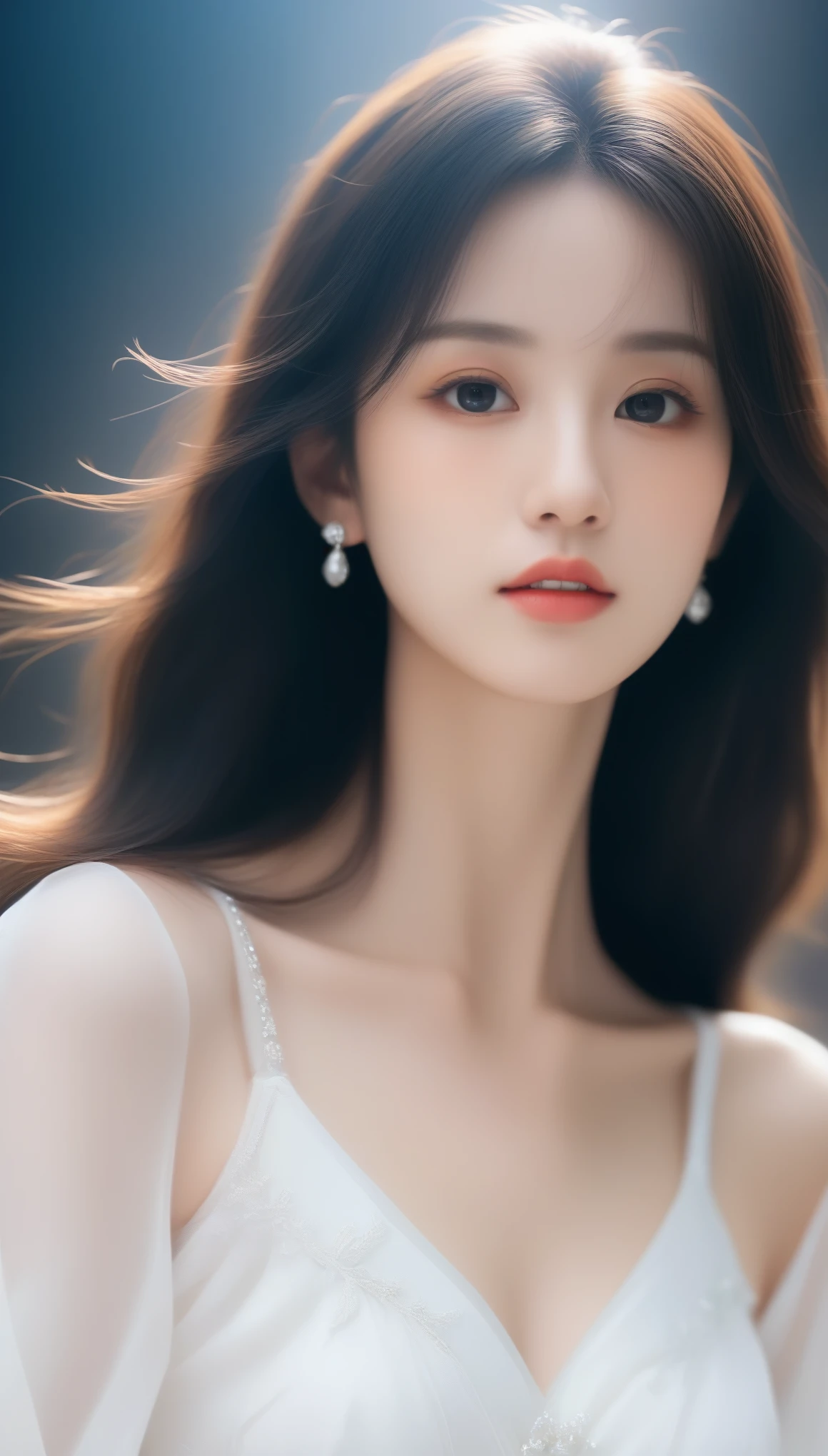 Close-up of a long-haired woman in a white dress, Soft portrait shots 8 k, artwork in the style of Gu Weiss, Gu Weiss, Beautiful face, Practical. cheng yi, Cute and delicate face, Long hair and sharp eyes, beautiful Practical face, Extremely beautiful face, inspired by Yanjun Cheng, Stunning anime face portraits