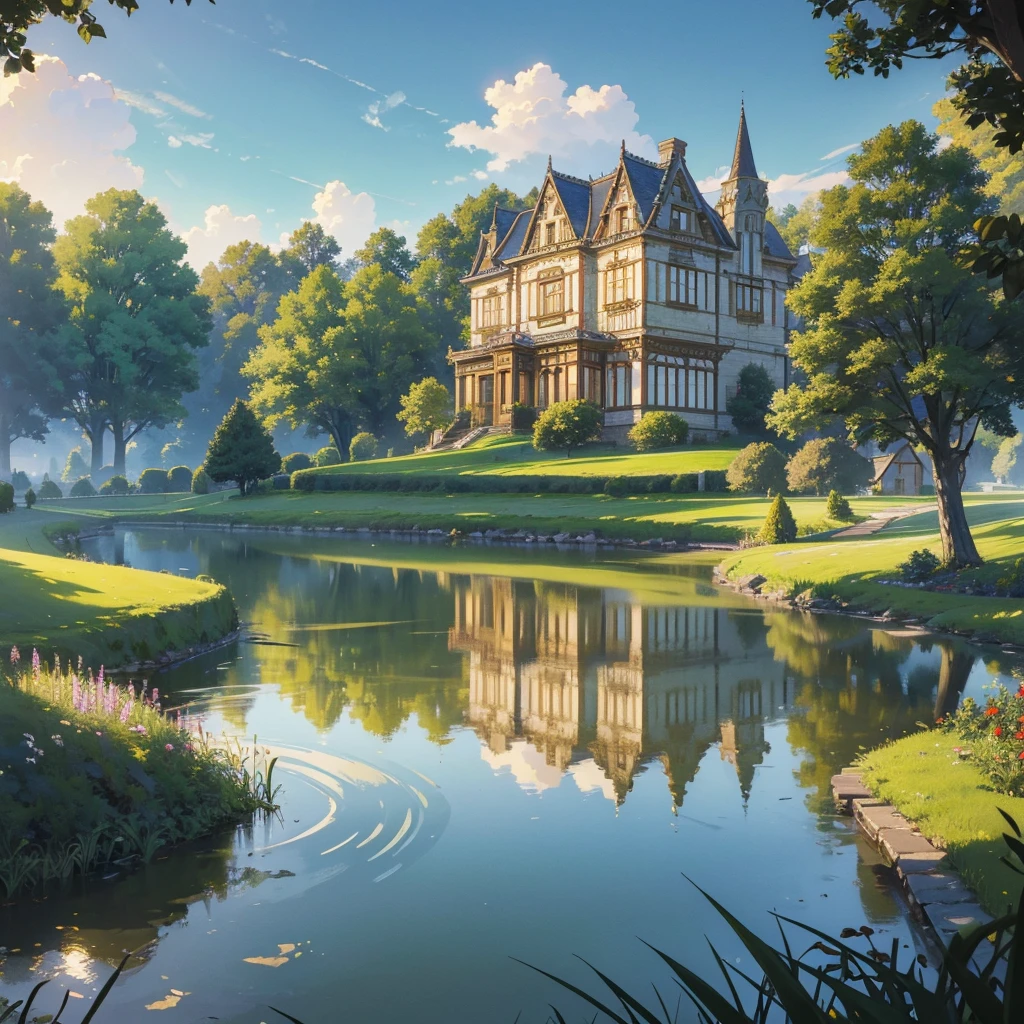 intricate detailed architectural house, classic rural countryside manor house, ornate victorian style mansion, beautiful countryside manor, picturesque rolling hills landscape, lush green meadows, serene pond reflection, warm golden hour lighting, realistic photographic quality, highly detailed, 8k, best quality, masterpiece