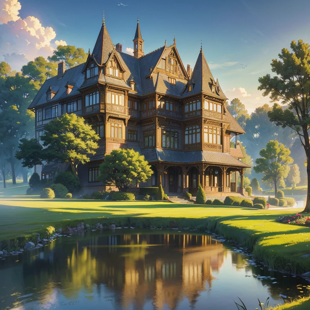 intricate detailed architectural house, classic rural countryside manor house, ornate victorian style mansion, beautiful countryside manor, picturesque rolling hills landscape, lush green meadows, serene pond reflection, warm golden hour lighting, realistic photographic quality, highly detailed, 8k, best quality, masterpiece