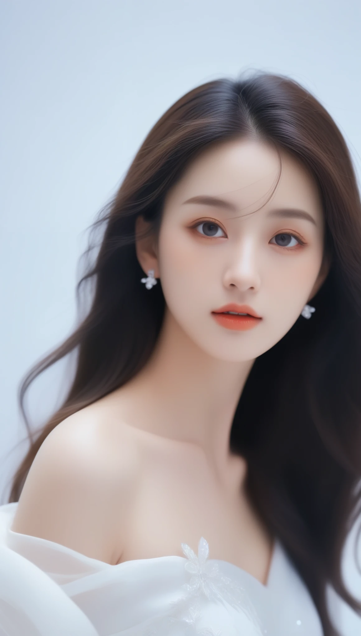 Close-up of a long-haired woman in a white dress, Soft portrait shots 8 k, artwork in the style of Gu Weiss, Gu Weiss, Beautiful face, Practical. cheng yi, Cute and delicate face, Long hair and sharp eyes, beautiful Practical face, Extremely beautiful face, inspired by Yanjun Cheng, Stunning anime face portraits