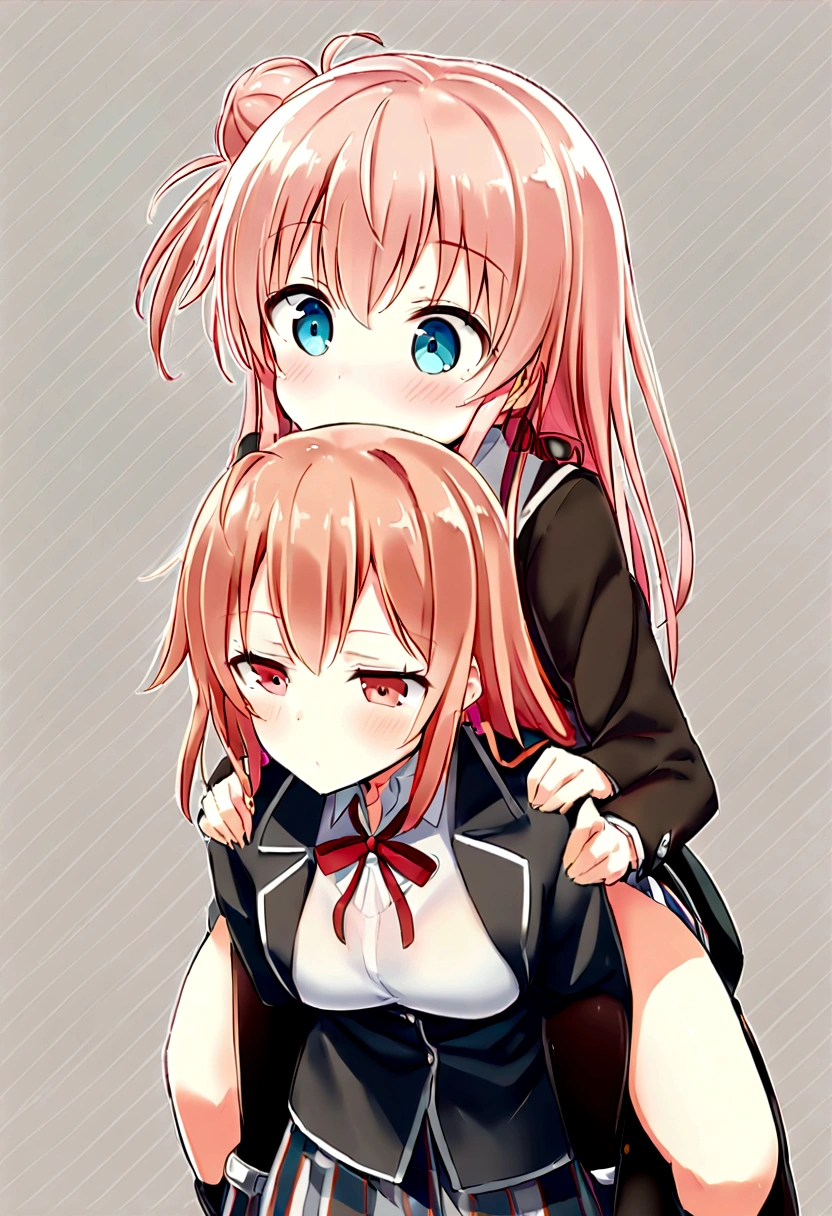 2 grils Yuigahama Yui giving yukino yukinoshita piggyback ride, Yukinoshita Yukino takes a piggyback ride, size difference, yukino Yukinoshita,