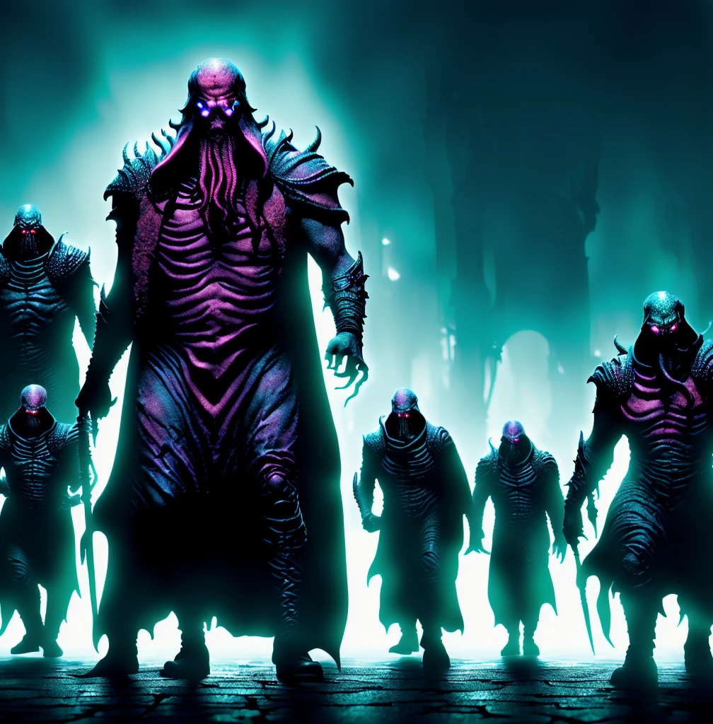 photo of neon-colored mutated Cthulhu bishop leading a group of grim knights, detailed and realistic, 8k, volumetric lighting, cinematic composition, moody dark color palette, dramatic lighting, gothic horror atmosphere