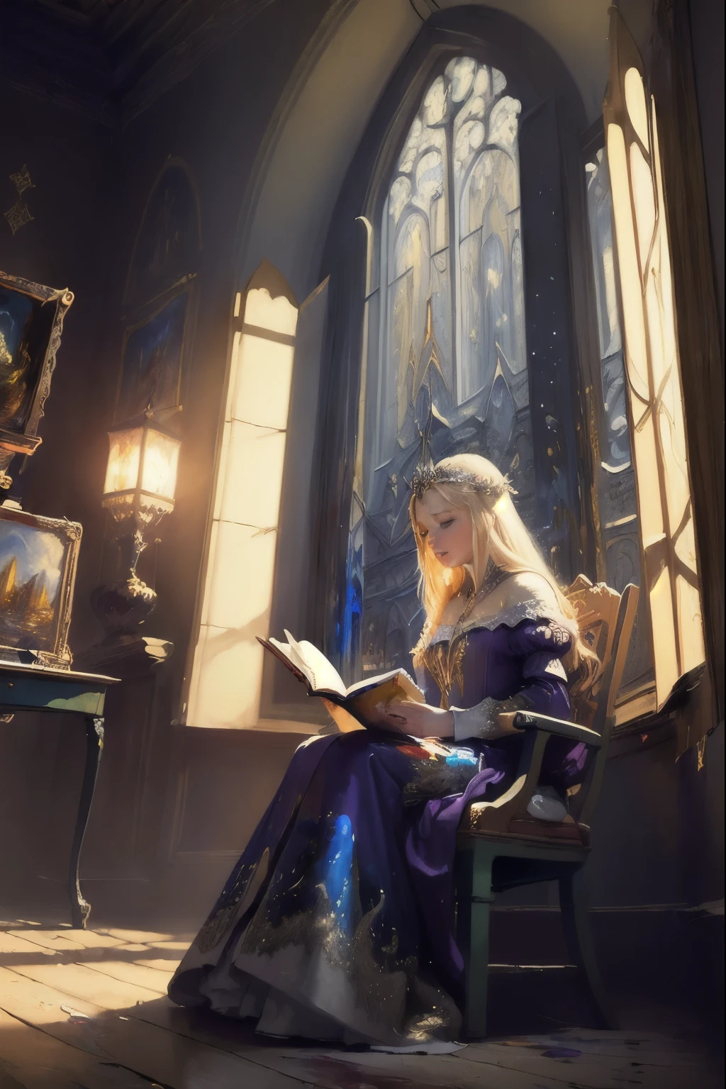 (Masterpiece painting: 1.7). Best quality, aesthetic,mesmerise celestial moonlight, a beautiful blond hair princess in a purple dress, reading a book, sit next to the window in a room of medieval majestic castle, detailed architecture, magic winter night, full glowing moon, light from the windows, falling snow and wind, beautiful night landscape, fairy tale, fantasy. Dynamic and expressive, with a dance of light and glow inspired by Jarek Kubicki huge busy detailed scene. HDR, 4k, vibrant light-trail effect