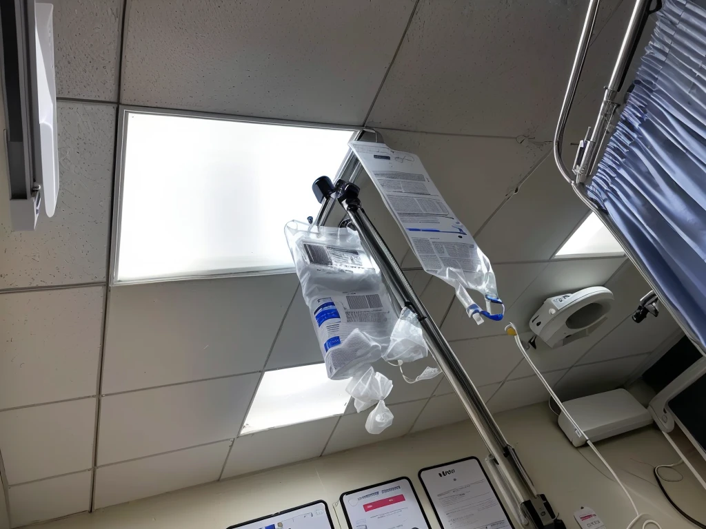 there is a Hospital room with a drip line and a window, Intravenous drip, with an Intravenous drip, surgical intravenous infusion bag, surgical Intravenous drip, Intravenous drip, intravenous pole, urine collection bag, OTS lens, Hospital lighting, Medical lighting, asepsis background, Hospital, asepsis, With backlight, asepsis minimalistic room, Clean medical environment