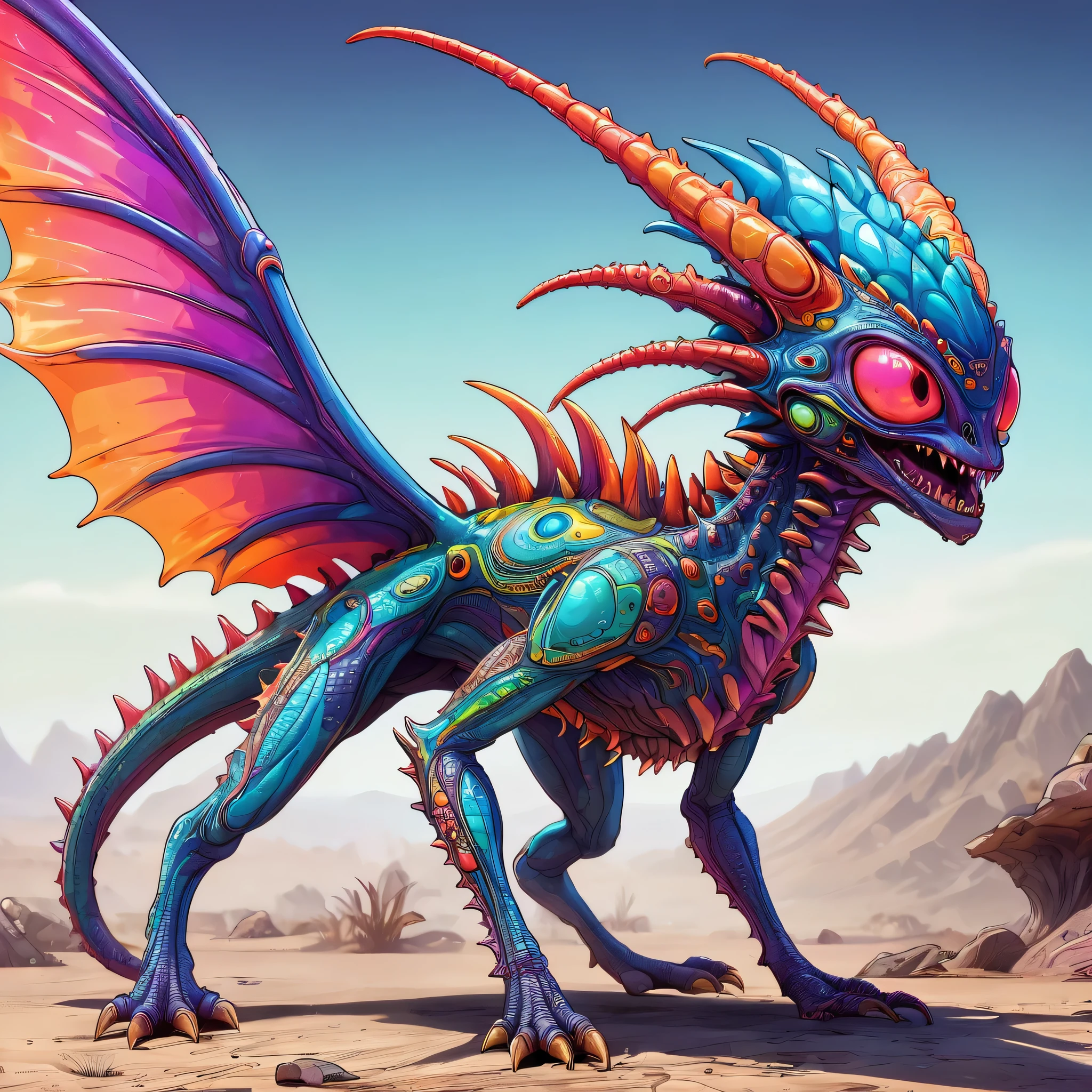 a small bizarre and strange looking brightly coloured alien. Showing the entire, highly detailed body from the side. The entire picture is full of details. Strange alien landscapes in the background. Big detailed wings and sharp teeth and fangs. a sharp abdominal stinger. tentacles and antennas and multiple eyes. long spiky legs. Scaley segmented body. Hypnotic and telepathic and psychedelic looking.