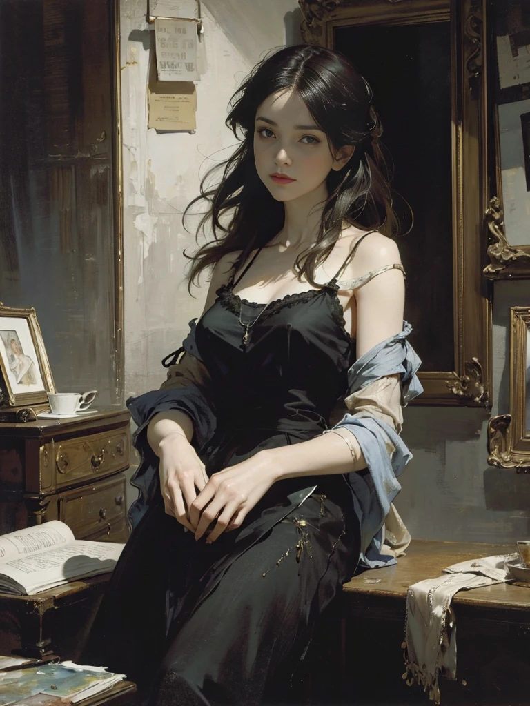 painting of woman, with influence of Jeremy Mann, Jeremy Mann, style of Jeremy Mann, Jeremy Mann painting, Jeremy Mann art, Ron Hicks, Liepke, Jeremy Mann and alphonse mucha, Works that influenced Edmund Blampid, robert lenkiewicz, Casey Baugh and James Jean, Works that influenced Willem Kalf, Nick Alm, tumbler, figurative art, Intense watercolor painting, watercolor detailed art,Beautiful and expressive paintings, Beautiful artwork illustration, wonderful, cool beauty, highest quality, official art, perfect composition,perfect angle, best shot, women only, sharp outline, melancholy, nostalgia, nostalgia,Eyes without pupils, color eye, ideal anima, In search of lost time, marcel proust, sentimental, Paris in the first half of the 20th century, montparnasse, Full body Esbian